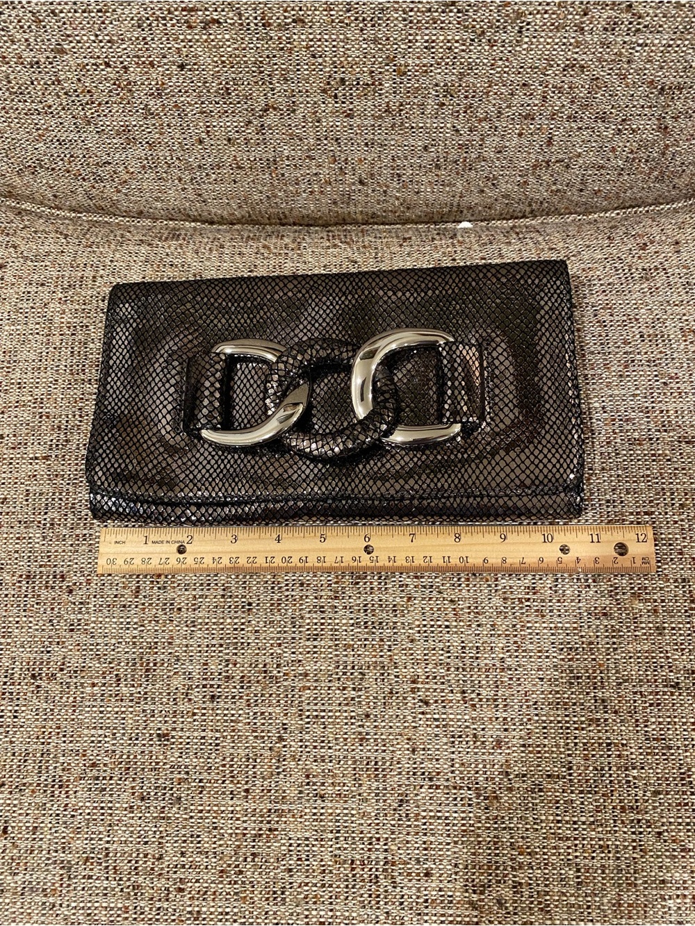 Vintage Brand New MK Black Metallic Snakeskin-Effect Clutch with Silver Buckle - Picture 7 of 16